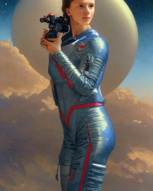 Prompt: a realistic oil painting of a girl resembling alicia vikander or millie bobby brown wearing a spacesuit in a futuristic mechanical spaceship engine, highly detailed, intricate, artstation, by donato giancola and william adolphe bouguereau