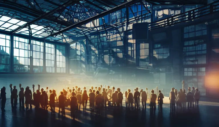 Image similar to group of people in simple warehouse, around a hologram of futuristic city on a table, cinematic concept art, godrays, golden hour, natural sunlight, 4 k, clear details, tabletop model buildings, center model buildings, hologram center, crane shot, crane shot, crane shot