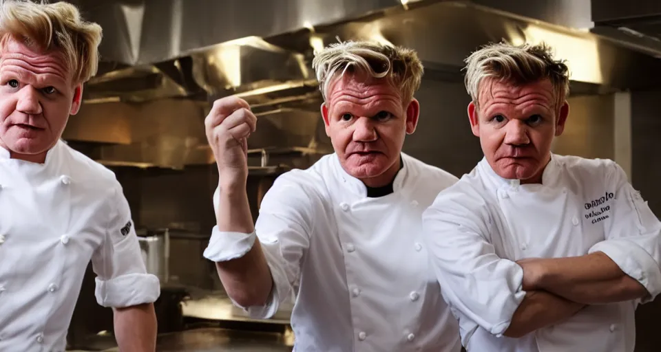 Image similar to gordon ramsay and gordon ramsay nervously showing the camera a dish that each of them prepared