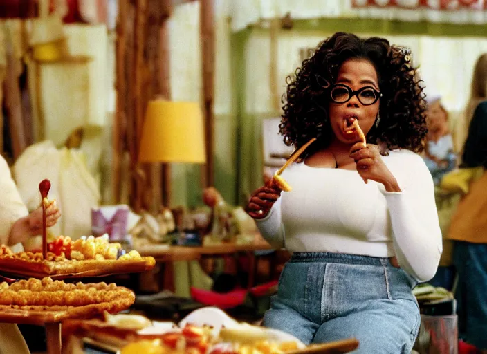 Prompt: film still of Oprah eating a corndog in the new Willow movie, 4k