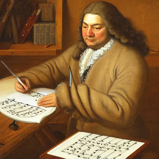 Image similar to highly detailed painting of bach writing a piece of music on a sheet of paper, he is inside of a wooden shack, 4 k resolution, by jaquis luis david, visible paint layers, renaissance.