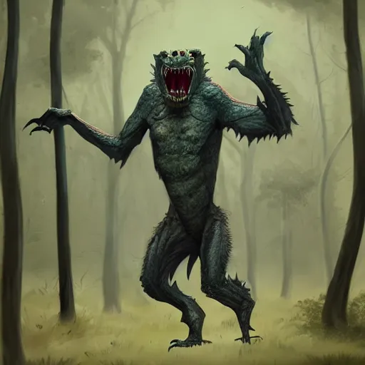 Prompt: werecreature consisting of a human and crocodile in a forest, trending on artstation