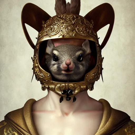 Image similar to detailed baroque portrait of a grotesque squirrel in a Japanese helmet and with katana, realistic creature concept, gazing eyes, beautiful eyes medium shot, elegant pose, fantasy, illustration, artstation, cinematic lighting, hyperdetailed, cgsociety, 8k Resolution, high resolution, Charlie Bowater, Tom Bagshaw, Tom Richmond, single face, insanely detailed and intricate, beautiful, elegant, golden ratio