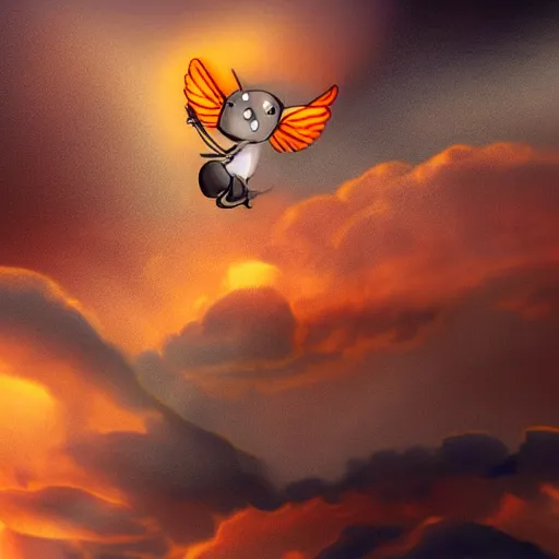 Image similar to a mouse wearing clockwork wings flying through thick orange clouds, sci-fi illustration