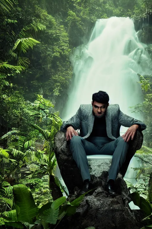 Image similar to movie closeup young man with a grey beard in a cyberpunk suit sitting on a futuristic chair at the edge of a jungle waterfall by emmanuel lubezki