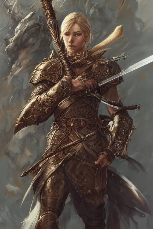 Prompt: Epic portrait of a Warrior using a ornamental Greatsword, by artgerm and donato giancola and Joseph Christian Leyendecker, High Fantasy, trending on artstation artstationHD, artstationHQ, cgsociety, extremely detailed, HD 8K