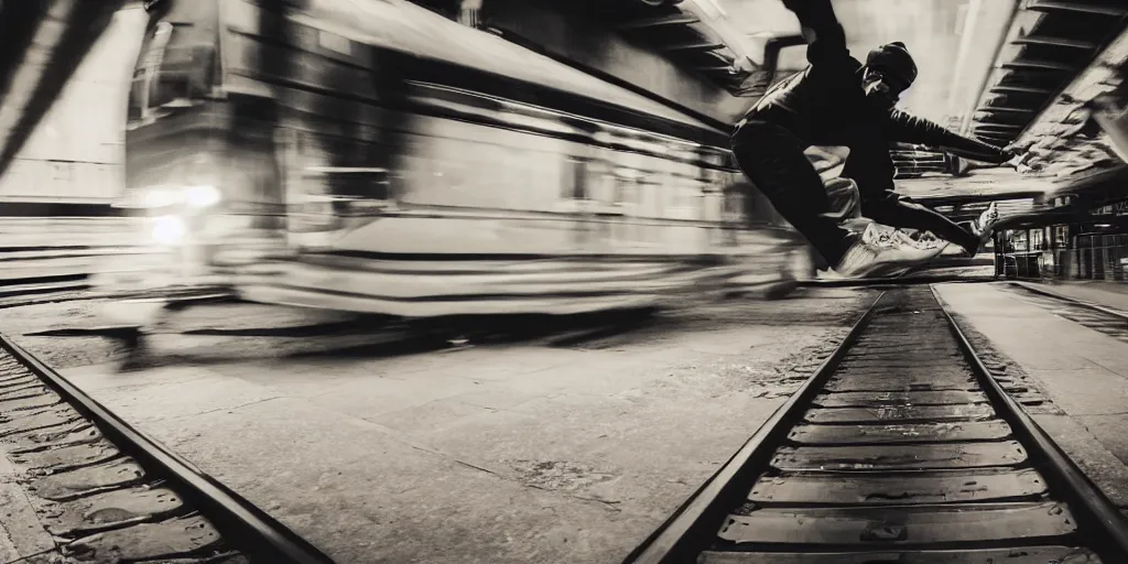 Prompt: a wide shot angle photography of a person trying to jump into a moving train from a platform