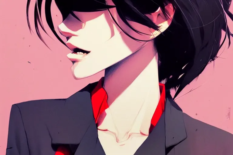 Image similar to a ultradetailed beautiful panting of a stylish woman wearing a shirt with a tie, she has black hair, by conrad roset, greg rutkowski and makoto shinkai, trending on artstation