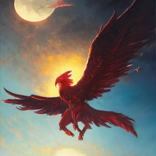 Prompt: phoenix flying in front of the moon, glowing light, fire, oil painting by greg rutkowski, 8 k