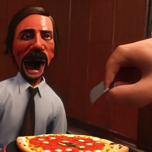 Image similar to gopro footage of a hotdog man eating a slice of pizza in a court room, iso 2 0 0, depth of field, cinematic, volumetric lighting, by red dead redemption 2