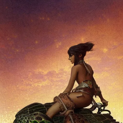 Prompt: a little warrior girl sitting on top of a giant turtle that is walking in the desert, seen from a distance. the girl has dark skin and beautiful green eyes, realistic full body and a very beautiful detailed symmetrical face with long black hair. diffuse light, dramatic sky and landscape, fantasy illustration by mucha