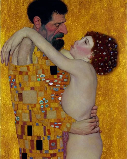 Image similar to homer and marge are in love, painting by gustav klimt, gold leaf on wood