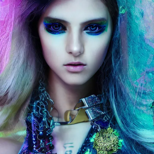 Image similar to Ethereal, mysterious stunning maximalist mesmerizing cyberpunk girl named Claire Boucher from the rainbow sky paradise, high-tech, professional high fashion model photo shoot, hyperdetailed by Mark Ryden and artgerm and Hiroyuki-Mitsume Takahashi, close-up 35mm macro shot, hyperrealism, 8k resolution 3D, cinematic, dynamic lighting, octane render, unreal engine 5
