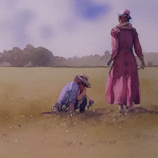 Prompt: concept art of a farmers in a field, young woman,, artstation trending, watercolor