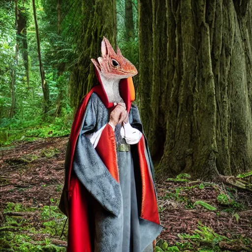 Image similar to medieval cloak wearing anthro lizard, photograph captured in the woods