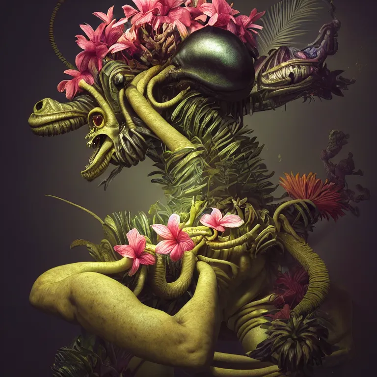 Prompt: still life of alien animal covered with tropical flowers, wide shot, soft glow bloom lucid dream - like ethereal atmosphere, baroque portrait painting, perfect composition, beautiful intricate detailed octane render trending on artstation, 8 k artistic photography, volumetric cinematic perfect light, chiaroscuro, masterpiece, raphael, caravaggio, rutkowski, beeple, beksinski