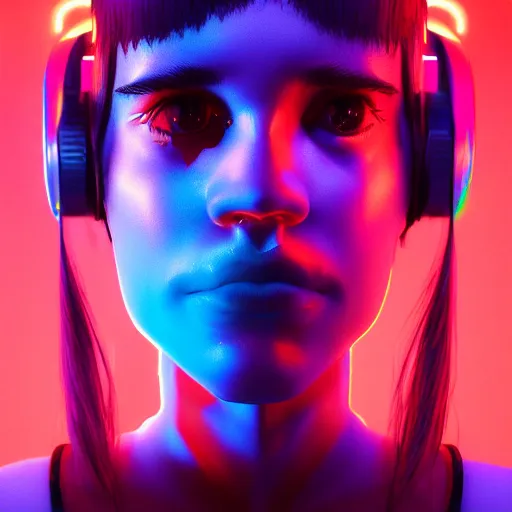 Image similar to grimes on stage djing, volumetric neon lights in the background, gleaming, 3 5 mm photography, portrait!!!!!!, photorealistic facial features, trending on artstation, 4 k, 8 k, zbrush, mannerism