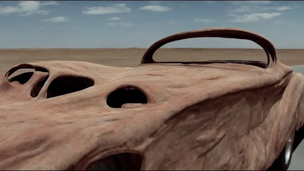 Image similar to the creature drives a hot rod, made of wax and water, film still from the movie directed by Denis Villeneuve with art direction by Salvador Dalí, wide lens