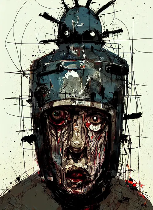 Image similar to horror art, clive barker prisoner inside a torture helmet, art by ismail inceoglu