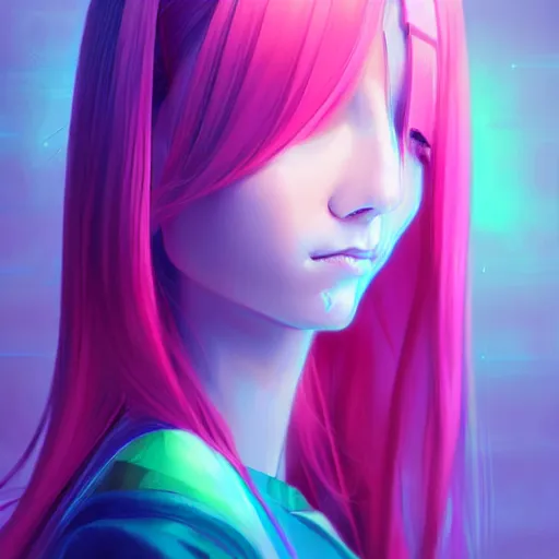 Image similar to portrait, long hair cyber princess, matte print, pastel neon, digital art, cute, digital painting, very very very very elegant, pixiv, by Ilya Kuvshinov and artgerm and Ross Tran, daily deviation, masterpiece portrait, trending on artstation, IAMAG