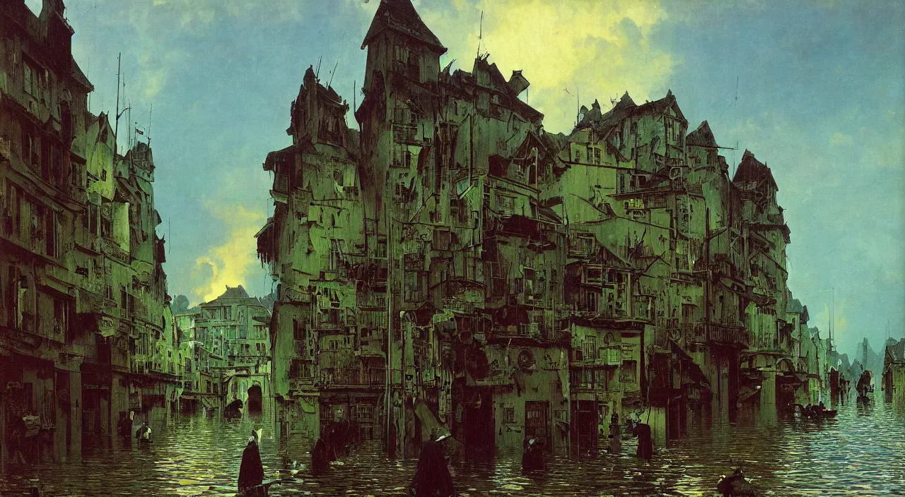 Image similar to very coherent and colorful high contrast!! painting of a flooded town by bruce pennington carl spitzweg rene magritte, full - length view, hard black shadows, vivid colors, symmetry, great composition, high detail, cinematic lighting, masterpiece