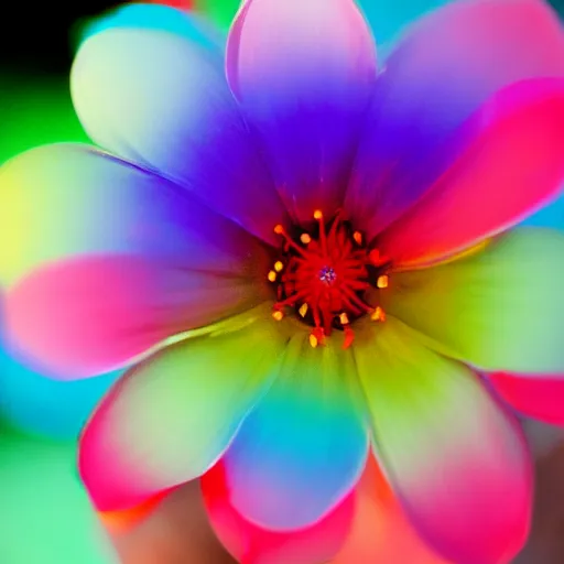 Image similar to closeup photo of rainbow - colored flower with 7 petals, held by hand, shallow depth of field, cinematic, 8 0 mm, f 1. 8