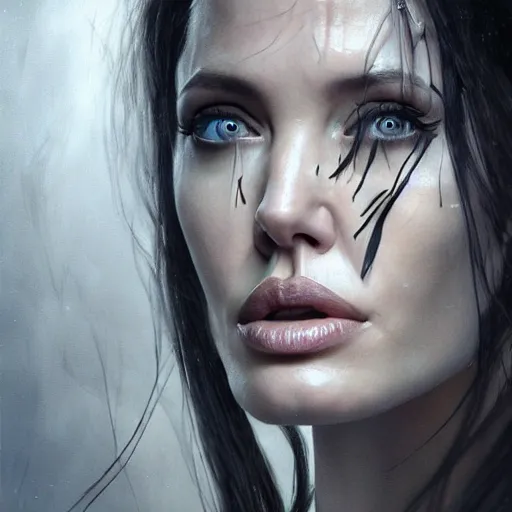 Image similar to Very very very very highly detailed epic central composition photo of Angelina Jolie face, intricate, dystopian, sci-fi, extremely detailed, digital painting, smooth, sharp focus, illustration, intimidating lighting, incredible art by Brooke Shaden, artstation, concept art, Octane render in Maya and Houdini