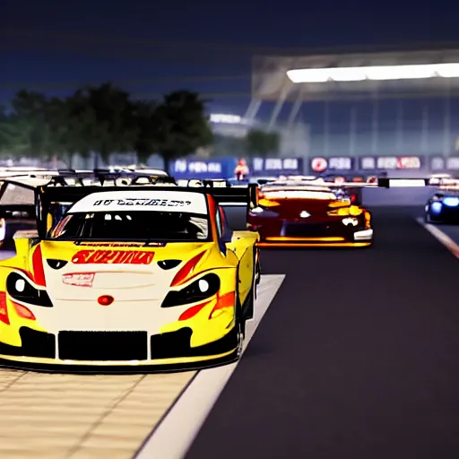 Image similar to Start of a GT3 race at Suzuka during night, cinematic, realistic