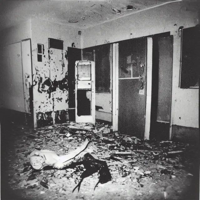 Image similar to found polaroid photo, flash, interior abandoned hospital, wired mutant creature standing