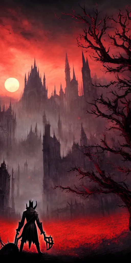 Image similar to populated bloodborne old valley with a dark person at the centre and a ruined gothic city in the background, trees and stars in the background, falling red petals, epic red - orange moonlight, perfect lightning, wallpaper illustration by niko delort and kentaro miura, 4 k, ultra realistic