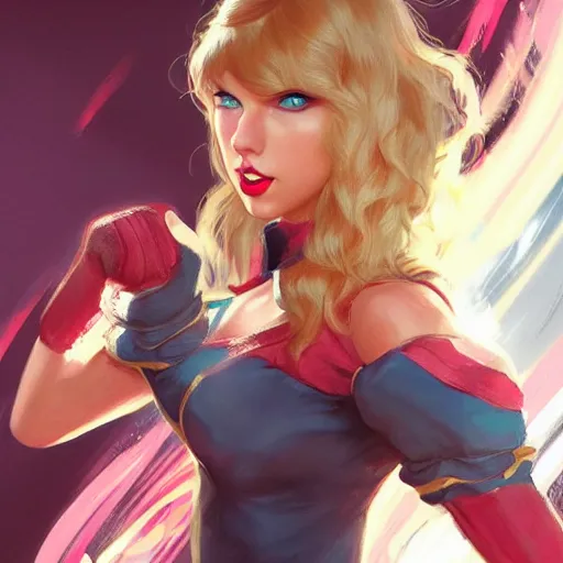 Image similar to Taylor Swift as a Street Fighter character, portrait, highly detailed, digital painting, artstation, concept art, sharp focus, illustration, cinematic lighting, art by artgerm and greg rutkowski and alphonse mucha