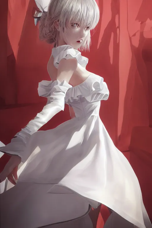 Prompt: the beautiful white frilled red dress girl standing in the hyper big and tall tower, looking at the, low angle, highly detailed, digital painting, artstation, concept art, smooth, sharp focus, illustration, Unreal Engine 5, 8K, art by Hiroaki Samura and Jiro Matsumoto