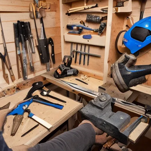 Image similar to A wood workers workshop with a lot of tools
