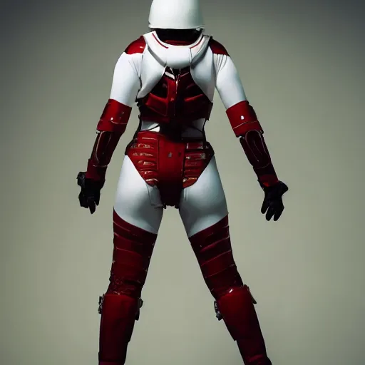 Image similar to portrait of a athletic female soldier in glossy sleek white armor with tiny red details and a long red cape, heroic posture, on the surface of mars, night time, dramatic lighting, cinematic, sci-fi, hyperrealistic