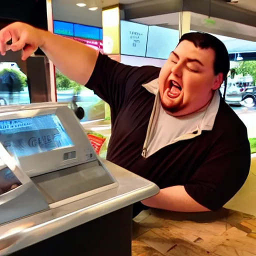 Image similar to heavily overweight person is screaming at the cashier of a mcDrive