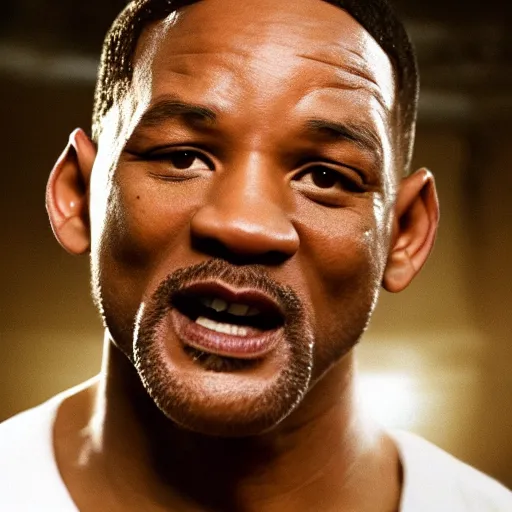 Image similar to a cinematic film still of Will Smith starring as Mike Tyson, portrait, 40mm lens, shallow depth of field, close up, split lighting, cinematic