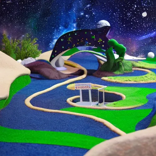 Prompt: Liminal space in outer space!!!!!, mini golf course