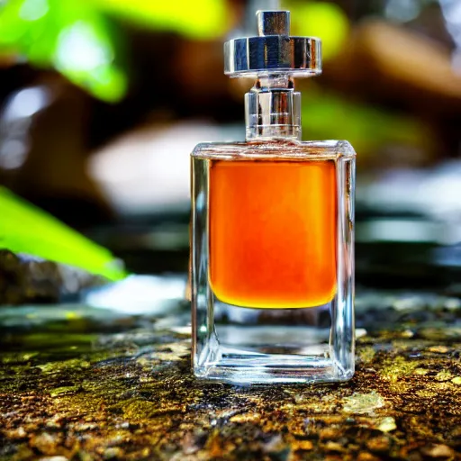 Image similar to perfume bottle sitting on a small clear tropical waterfall, close up shot, upfront, surrounded by tropical leaves, blurred tropical background, softly - lit, soft - warm, zen, light, modern minimalist f 2 0 clean