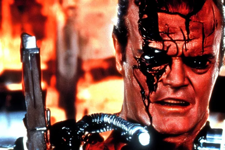 Image similar to Jack Nicholson plays Terminator, his one yes glow red, scene where his endoskeleton gets exposed, still from the film
