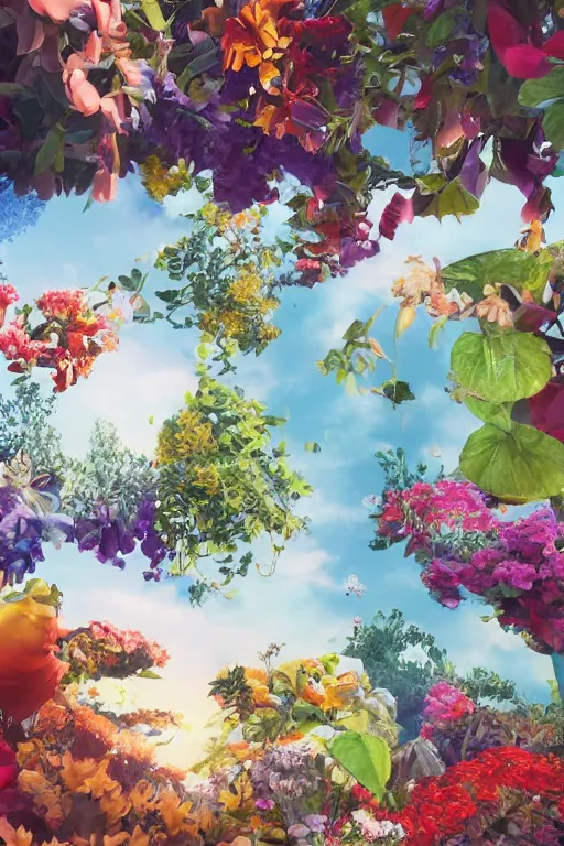 Prompt: super detailed color art, a lot of small garden flowers, A multiverse of fruits, unreal engine, wes anderson color palette, 3d render, colorful, digital art