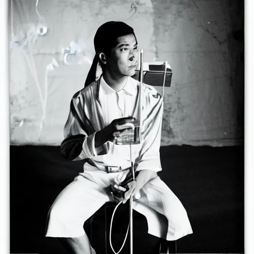 Prompt: A Filipino theremin player, portrait, Taschen, by Peter Lindbergh