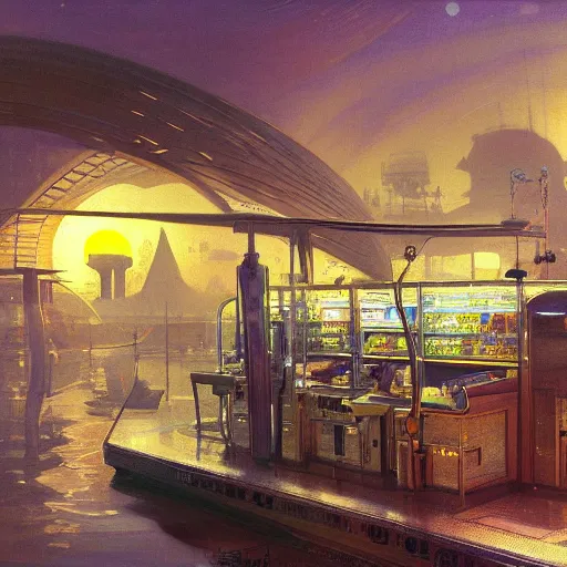 Image similar to painting of syd mead artlilery scifi organic shaped convenience store with ornate metal work lands on body of water, fossil ornaments, volumetric lights, purple sun, andreas achenbach