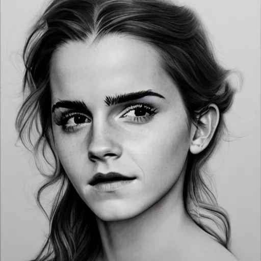 Image similar to emma watson with one hand in her hair, playing with her curls, hyperrealistic, artgerm