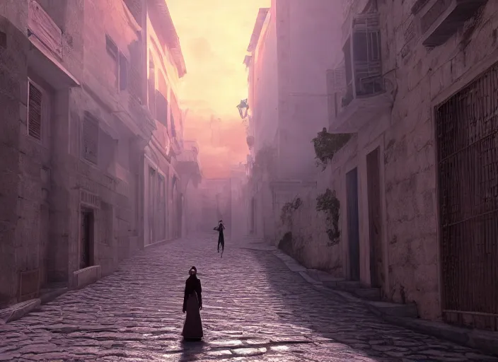 Image similar to a woman in a fed skirt walking the narrow streets of athens, painted by, mc escher, gordon onslow ford, georgia o'keeffe and ivan aivazovsky, cinematic light, god rays, colourful, unreal engine, zbrush central,