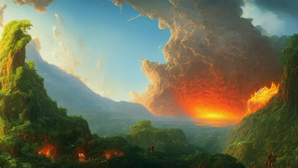 Image similar to very detailed and perfectly readable fine and soft relevant out of lines soft edges painting by beautiful walt disney animation films of the late 1 9 9 0 s and thomas cole in hd, we see a lava world, nice lighting, perfect readability