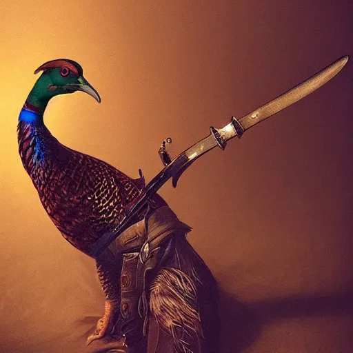 Image similar to pheasant holding a sword, by lily seika jones Instagram, rivuletpaper art, top cinematic lighting , cinematic mood, very detailed, shot in canon, 8k, high resolution