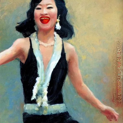 Image similar to a beautiful Asian woman dancing the Charleston on the living room carpet with joy, fair skin, red lips, black hair, oil painting, by Sherree Valentine Daines, 8k