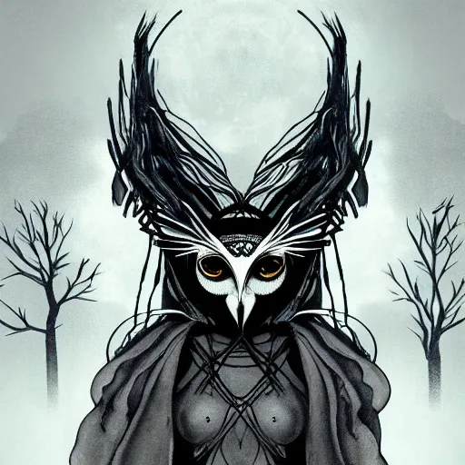 Prompt: goddess of owls, humanoid, hooded, masked, feathered robes, ritual in a forest, devouring, dark, moody, fog, foreboding, lord of the night and moon shadowconcept art