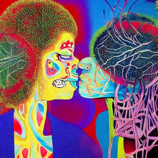 Image similar to beautiful painting of two bizarre psychedelic women kissing each other closeup in an aquarium in japan, speculative evolution, mixed media collage by basquiat and alex grey, magazine collage art, sapphic art, lesbian art