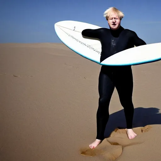 Image similar to boris johnson surfing in the middle of a desert